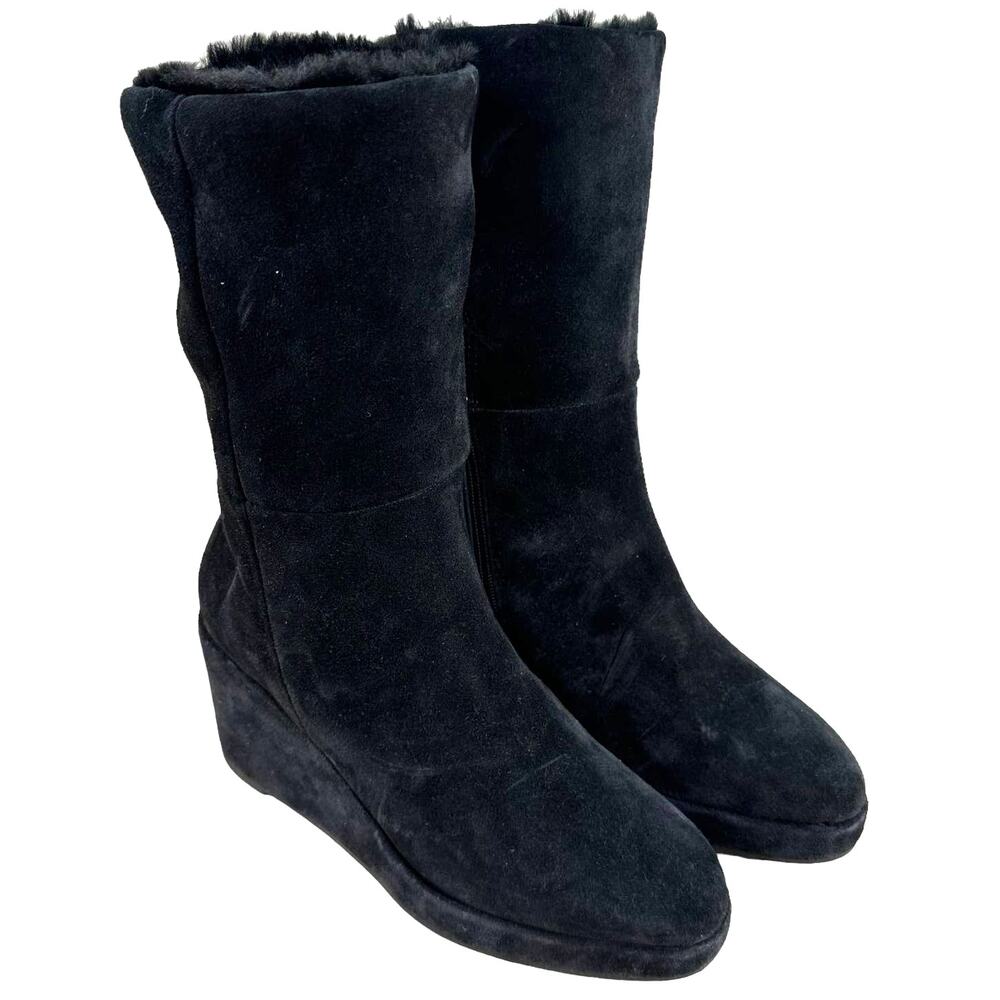 Aquatalia NWOB Imperia Zip Up Black Suede Wedge Boot Size 5.5 Mid Calf Faux Fur